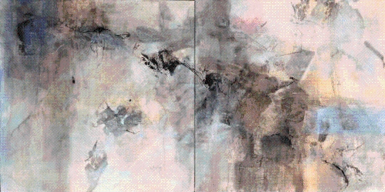 Product Description: Krystal Hart</br></br>Rise Above the Tide, 2021</br></br>24in. x 48in. Diptych</br></br>Walnut ink, sumi ink, minerals, pigments, graphite powder, oyster shell, sliver leaf, fools gold, paper scraps, collage mitsumata, on mulberry paper mounted to panel.</br> Rise Above the Tide By Krystal Hart