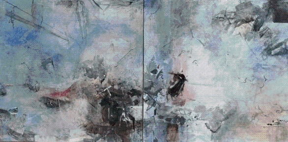 Product Description: Krystal Hart</br></br>Undercurrent, 2020</br></br>24in. x 48in. Diptych</br></br>Walnut ink, sumi ink, minerals, pigments, graphite powder, oyster shell, sliver leaf, found tulle, paper scraps, mitsumata, on mulberry paper mounted to panel.</br> Undercurrent