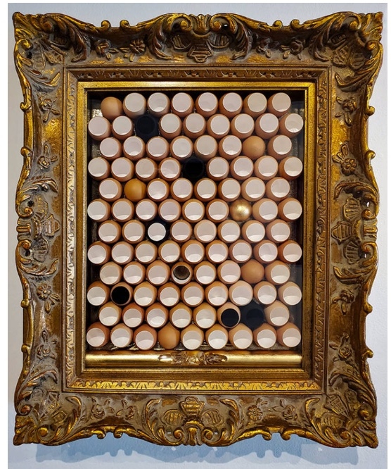 Product Description: Let us Prey. Verse I, Feast: "Our feasts begin with death and celebration. We feed on taken lives."</br></br>Egg shells, bones, glass, fabric, and acrylic in antique frame.</br></br>$3000</br></br>24in x 28in x 6in</br></br>2020</br> Let us Prey. Verse I, Feast: "Our feasts begin wit