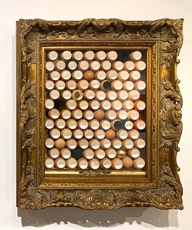 Product Description: Let us Prey. Verse II, Famine: "Some beings perish in times of famine. Others flourish by consuming remains."</br></br>Egg shells, bones, glass, fabric, and acrylic in antique frame</br></br>$3000</br></br>24in x 28in x 6in</br></br>2020</br> Let us Prey. Verse II, Famine: "Some beings perish