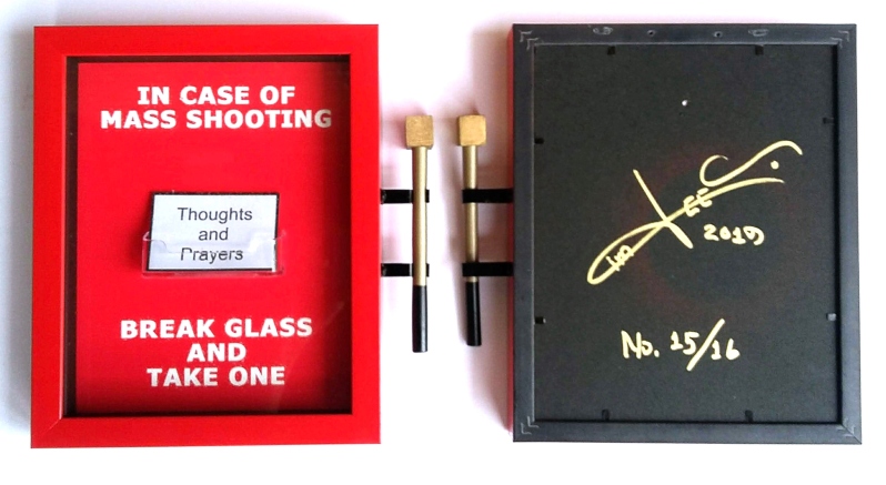 Product Description: Thoughts and Prayers</br></br>Mixed media: wood, glass, paper, and foam; limited edition, No. 14/16</br></br>$600</br></br>10in x 11in x 1.5in</br> Thoughts and Prayers