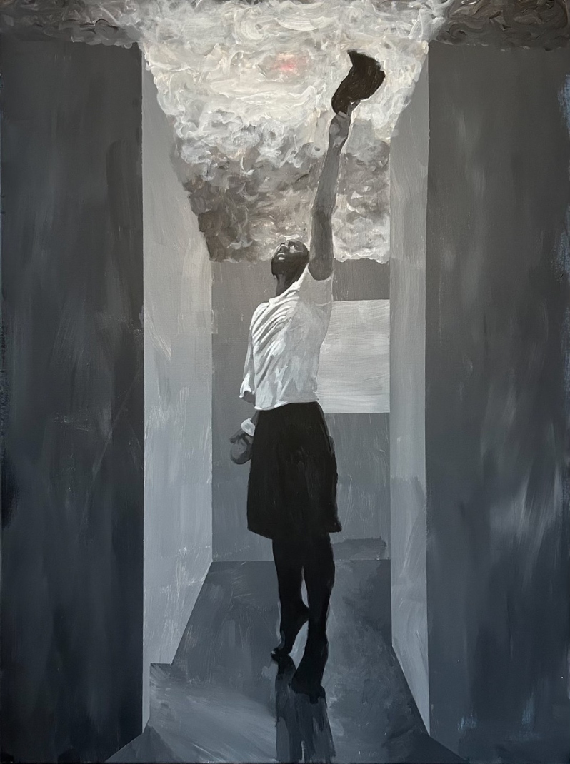 Product Description: The Smoke Alarm</br></br>Joseph Campbell</br></br>2021</br></br>Acrylic on canvas</br></br>40x30</br></br>$1,500</br> The Smoke Alarm by Joseph Campbell