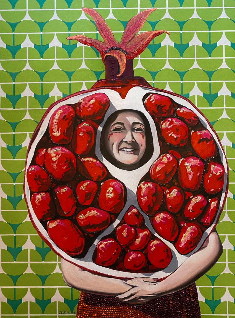 Product Description: Pomegranate Lady</br></br>Jennifer Cliffon</br></br>2021</br></br>Gouache, glitter, sequins and wallpaper on panel</br></br>40x30x22</br></br>$1,600</br> Pomegranate Lady by Jennifer Cliffon