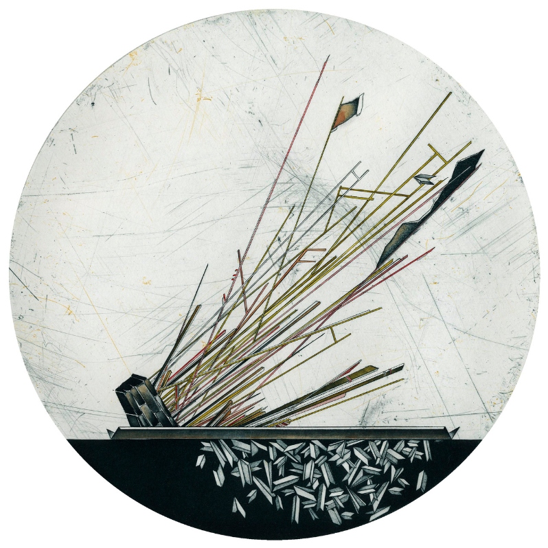 Product Description: Paper Buoy 1</br></br>Susan Martin</br></br>2023</br></br>Etching w/hand-tinting</br></br>12in circle, 20x20 framed</br></br>$700</br> Paper Buoy 1 by Susan Martin