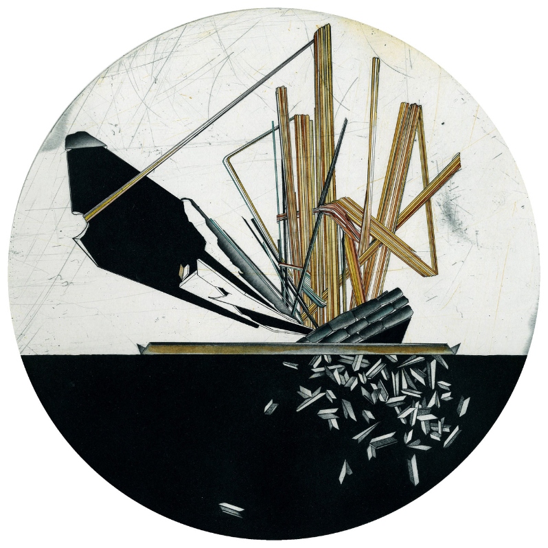 Product Description: Paper Buoy 2</br></br>Susan Martin</br></br>2023</br></br>Etching w/hand-tinting</br></br>12inch circle, 20x20 framed</br></br>$700</br> Paper Buoy 2 by Susan Martin