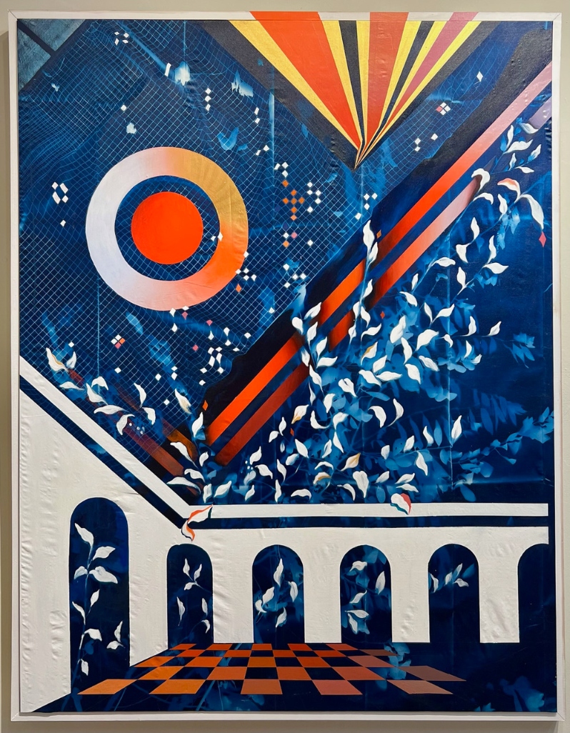 Product Description: Turning Corners & Crossing Thresholds</br></br>Anna Payne</br></br>2022</br></br>acrylic and cyanotype on stretched fabric</br></br>62 x 50</br></br>$2,000</br> Turning Corners & Crossing Thresholds by Anna Payn