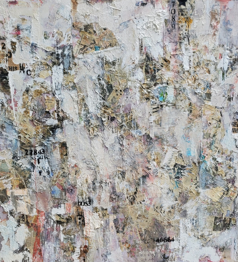 Product Description: I Gave Them Their Flowers</br></br>Ambioruix Santos</br></br>2023</br></br>Parper, yeso, plastic, fabric, spray paint, oil</br></br>60x60</br></br>$5,600</br> I Gave Them Their Flowers by Ambiorix Santos