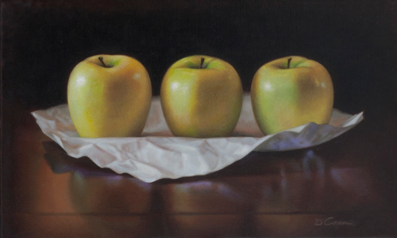 Product Description: Apples On White Paper</br></br>Diane Allen</br></br>2021</br></br>Oil</br></br>11x18</br></br>$900</br> Apples On White Paper by Diane Allen