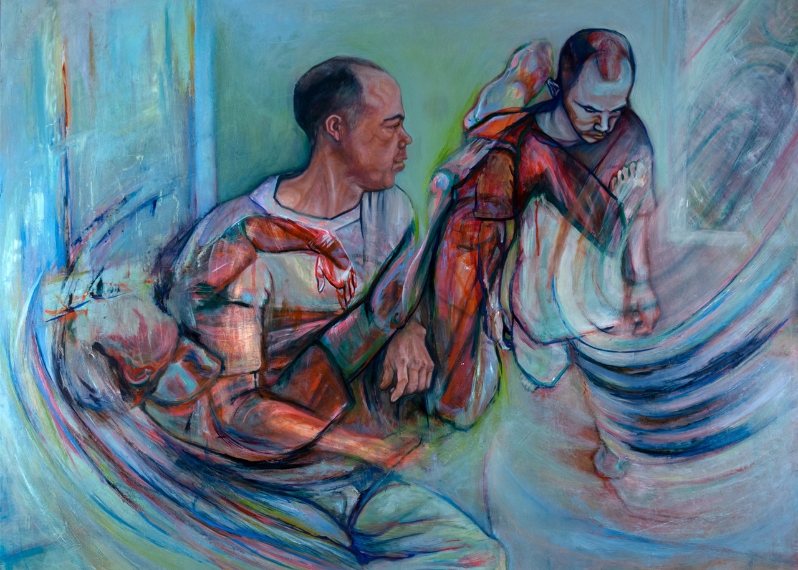 Product Description: dePerson14</br></br>Barb Cherry</br></br>2023</br></br>oil paint with mixed materials</br></br>36"x48"</br></br>$2,750</br> dePerson14 by Barb Cherry