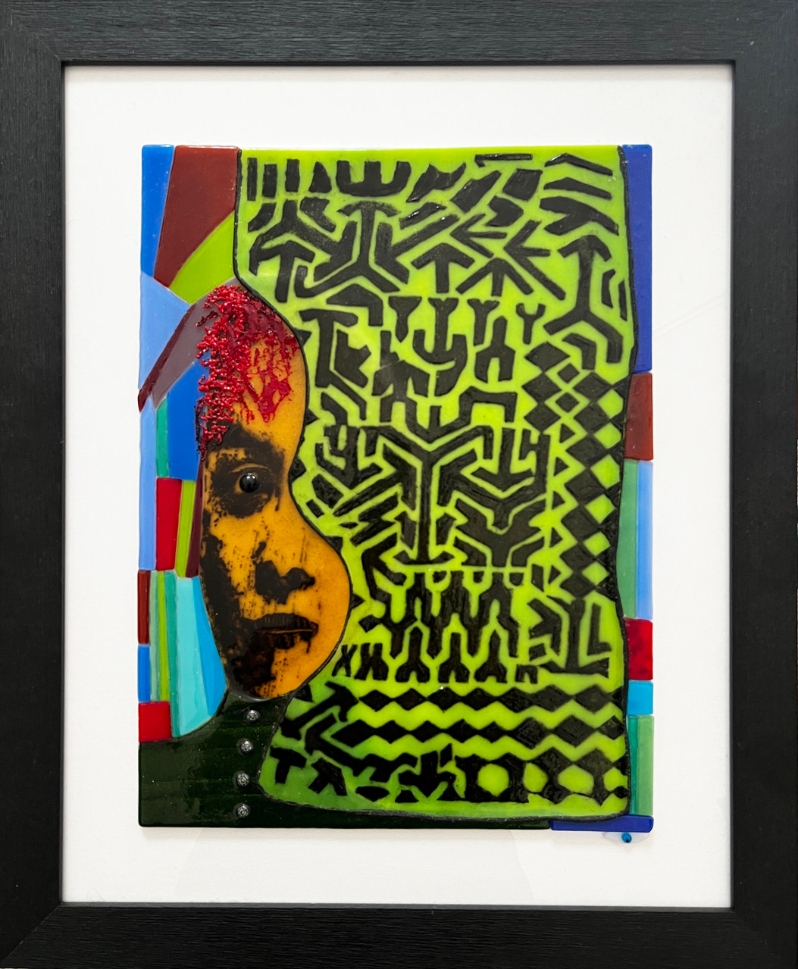 Product Description: Hiding</br></br>Teddy Devereux</br></br>23x19</br></br>2022</br></br>Fused Glass</br></br>$550</br> Hiding by Teddy Devereux