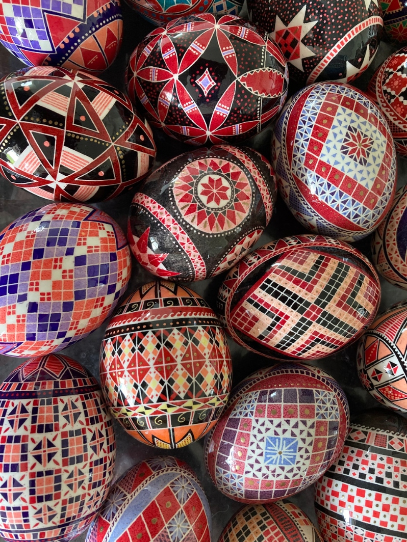 Product Description: Ukranian Pysanky</br></br>Leen El Naccash</br></br>4 ft long tubes</br></br>2022-2023</br></br>72 painted eggshells, acrylic tubes</br></br>$15000</br> Ukranian Pysanky by Leen El Naccash