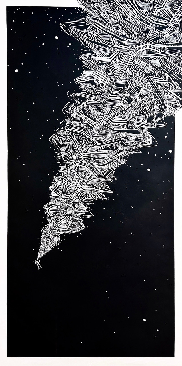 Product Description: I scream myself into existence</br></br>Jason Lord</br></br>36in. x 72in.</br></br>2023</br></br>Woodcut print</br></br>$840</br> I scream myself into existence by Jason Lord