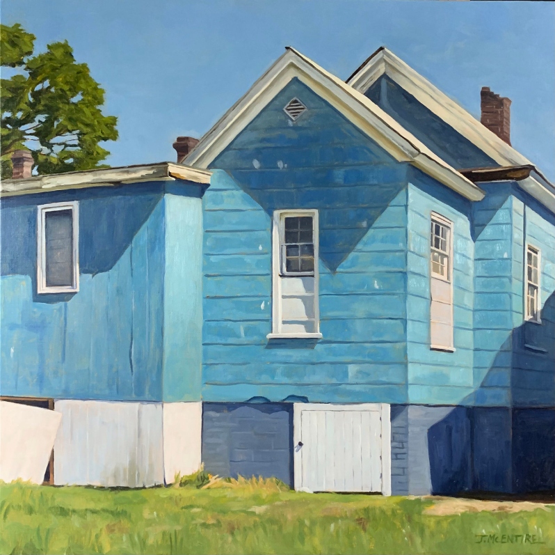 Product Description: Blue house , Raleigh</br></br>Jeff McEntire</br></br>24in. x 24in.</br></br>2022</br></br>Oil on canvas</br></br>$750</br> Blue house, Raleigh by Jeff McEntire