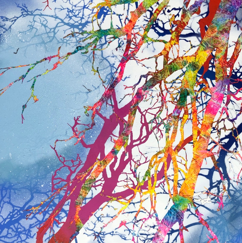 Product Description: Rainbough</br></br>McClain Percy</br></br>18in. x 18in.</br></br>2022</br></br>Acrylic on wooden panel</br></br>$600</br> Rainbough by McClain Percy