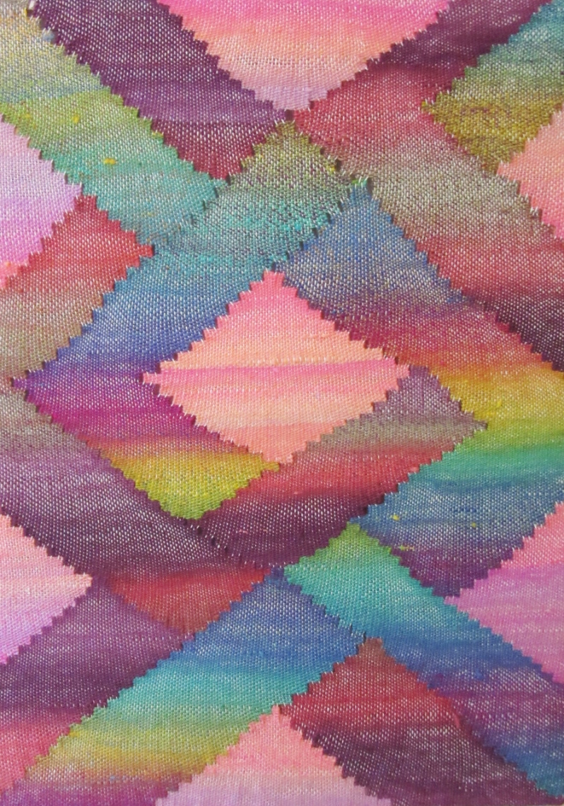 Product Description: Passions Coverage</br></br>Trudy Thomson</br></br>30in. x 42in.</br></br>Tapestry</br></br>2023</br></br>$950</br> Passions converge by Trudy Thomson