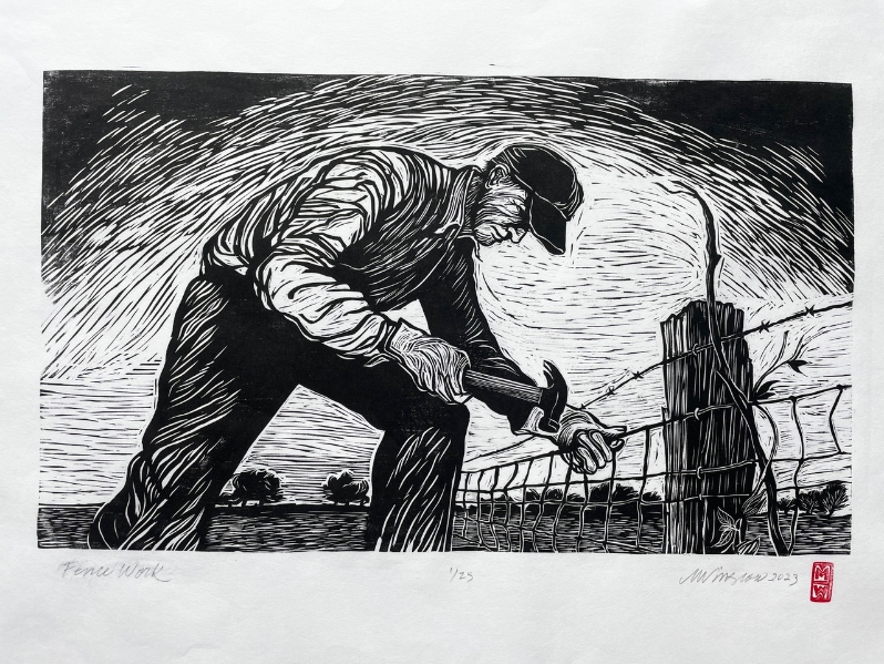 Product Description: Fence Work</br></br>Michael Winslow</br></br>27in. x 24in.</br></br>2023</br></br>Woodcut Print</br></br>$500</br> Fence Work by Michael Winslow