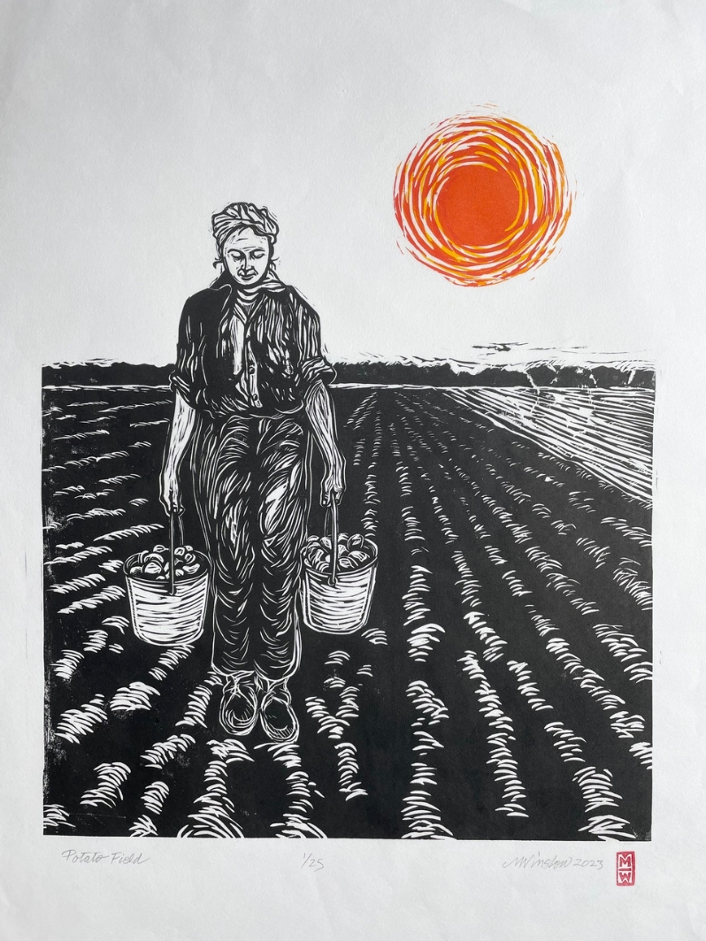 Product Description: Potato Field</br></br>Michael Winslow</br></br>24in. x 27in.</br></br>2023</br></br>Woodcut Print</br></br>$400</br> Potato Field by Michael Winslow
