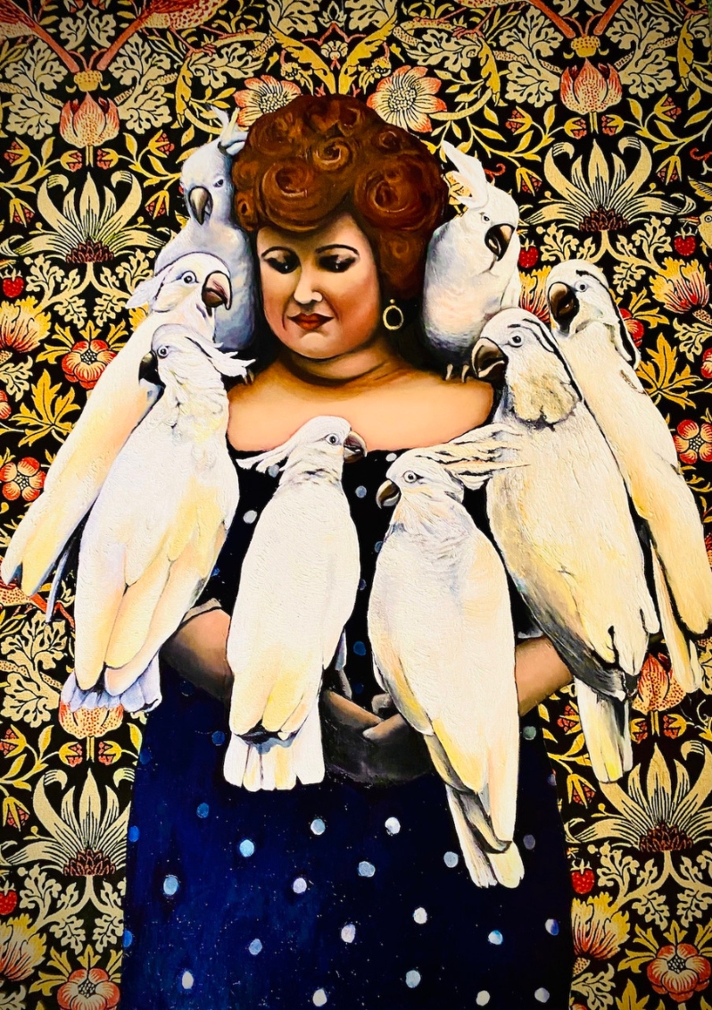 Product Description: Rosa and Her Cockatoos by Jennifer Clifton</br></br>4'x3'x2"</br></br>oil and wallpaper on canvas</br></br>2021</br></br>$1600</br> Rosa and Her Cockatoos by Jennifer Clifton