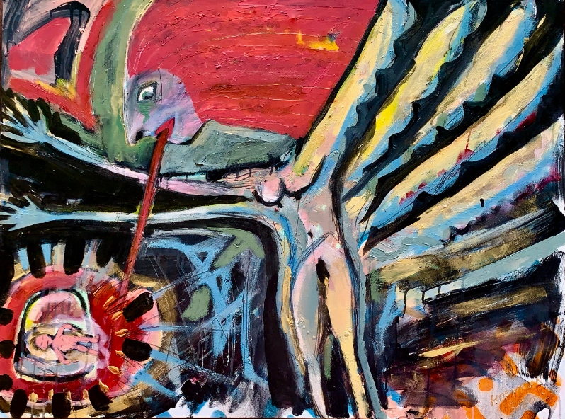 Product Description: Protector or Provocateur</br></br>Marsha Hoffman</br></br>30" x 40"</br></br>Acylic, oil sticks</br></br>2023</br></br>$800</br> Protector or Provocateur by Marsha Hoffman