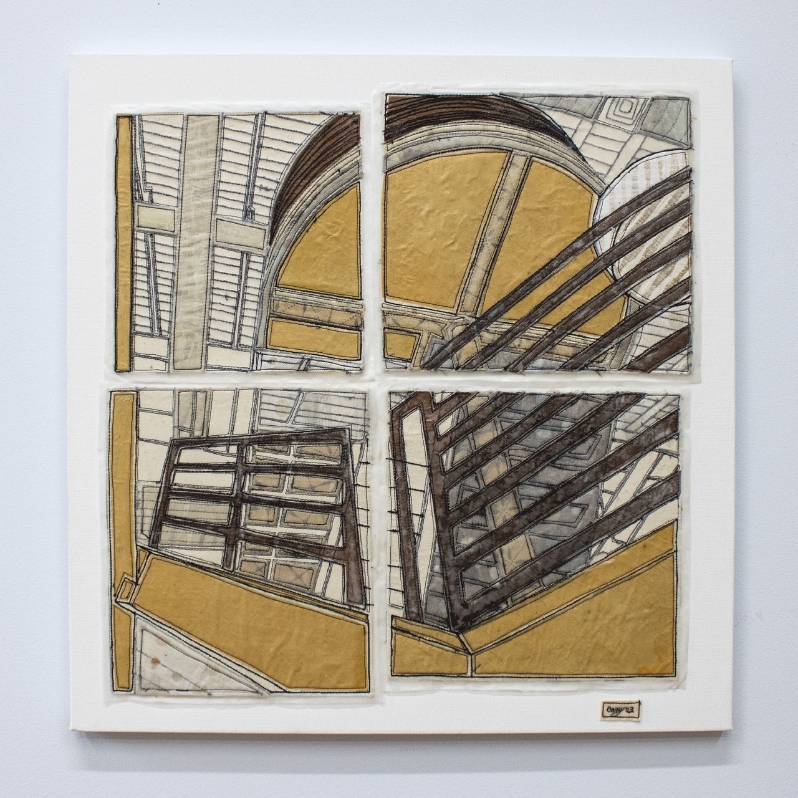 Product Description: Girders I, 2023</br></br>Caitlin Cary</br></br>20"x20"</br></br>silk, stitch & encaustic wax on stiffened canvas</br></br>2023</br> Girders I, 2023 by Caitlin Cary