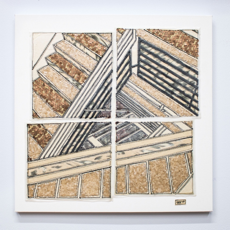 Product Description: Girders II, 2023</br></br>Caitlin Cary</br></br>20"x20"</br></br>fabric, sequins, stitch & encaustic wax on canvas</br></br>2023</br> Girders II, 2023 by Caitlin Cary