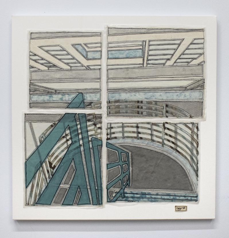 Product Description: Girders III, 2023</br></br>Caitlin Cary</br></br>20"x20"</br></br>silk, stitch & encaustic wax on stiffened canvas</br></br>2023</br></br>$1500</br> Girders III, 2023 by Caitlin Cary