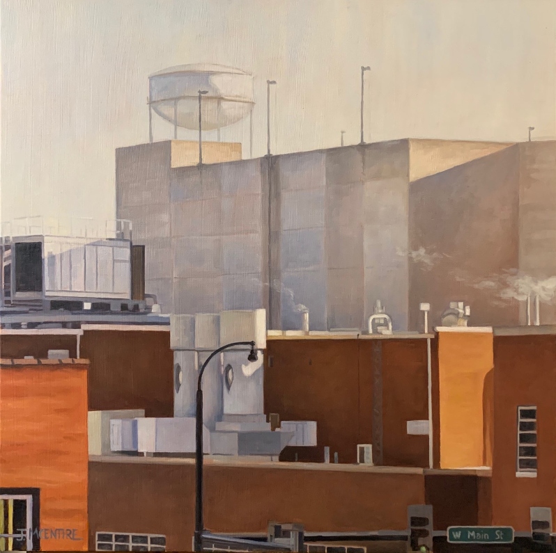 Product Description: Rooftops Over Main Street, Durham</br></br>Jeff Mcentire</br></br>20" x 20"</br></br>Oil on canvas</br></br>2021</br></br>$550</br> Rooftops Over Main Street, Durham by Jeff Mcentire