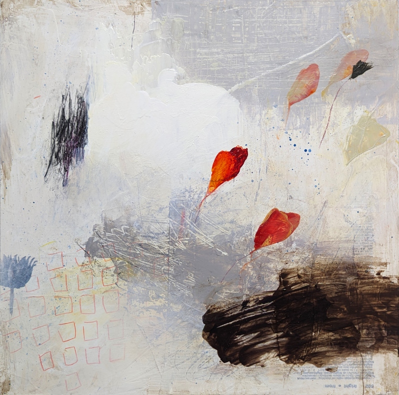 Product Description: Wellspring</br></br>Kerry Schroeder</br></br>$825</br></br>12 x 12in.</br></br>2023</br></br>Acrylic, graphite, pencil, book page</br> Wellspring by Kerry Schroeder