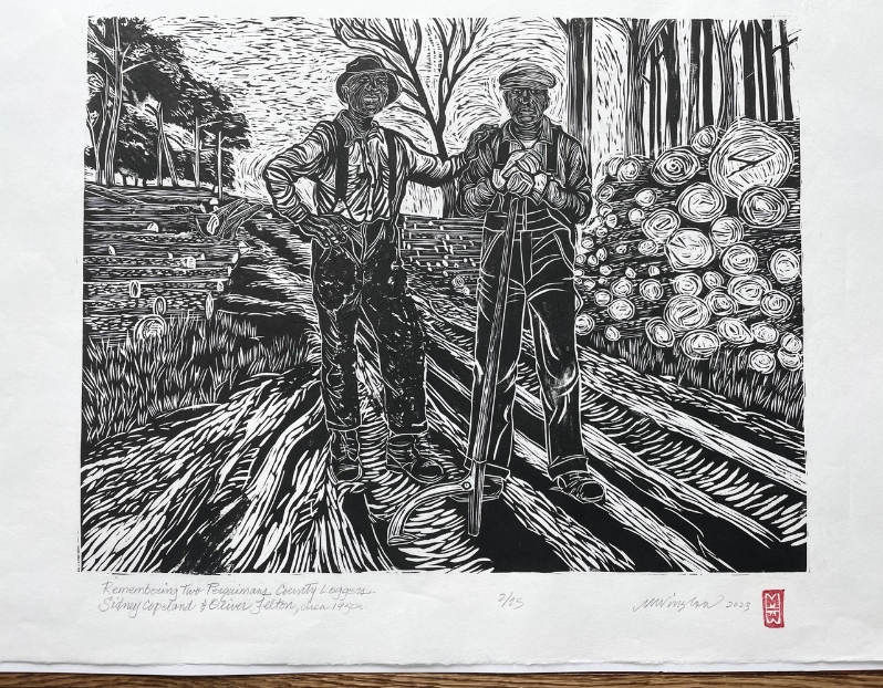 Product Description: Loggers</br></br>Michael Winslow</br></br>Woodcut print</br></br>27x24in.</br></br>$600</br> Loggers by Michael Winslow